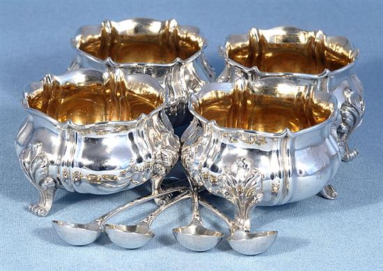 A set of four William IV silver salts, by Charles Goodwin, dia 78mm, weight 15.6oz/486grms.